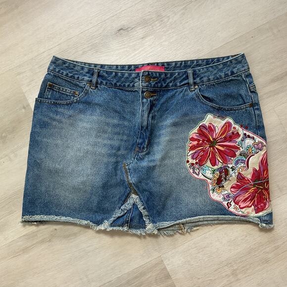 Thalia Sodi Womens Cotton Denim Patchwork Skirt Medium Wash Floral Size 15 16 - Picture 5 of 10